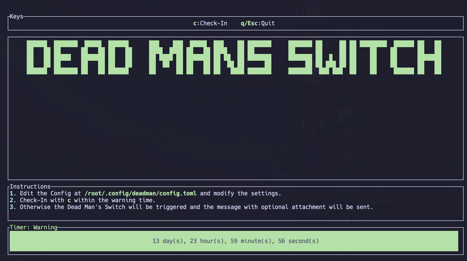 Initial Screen of Dead Man’s Switch