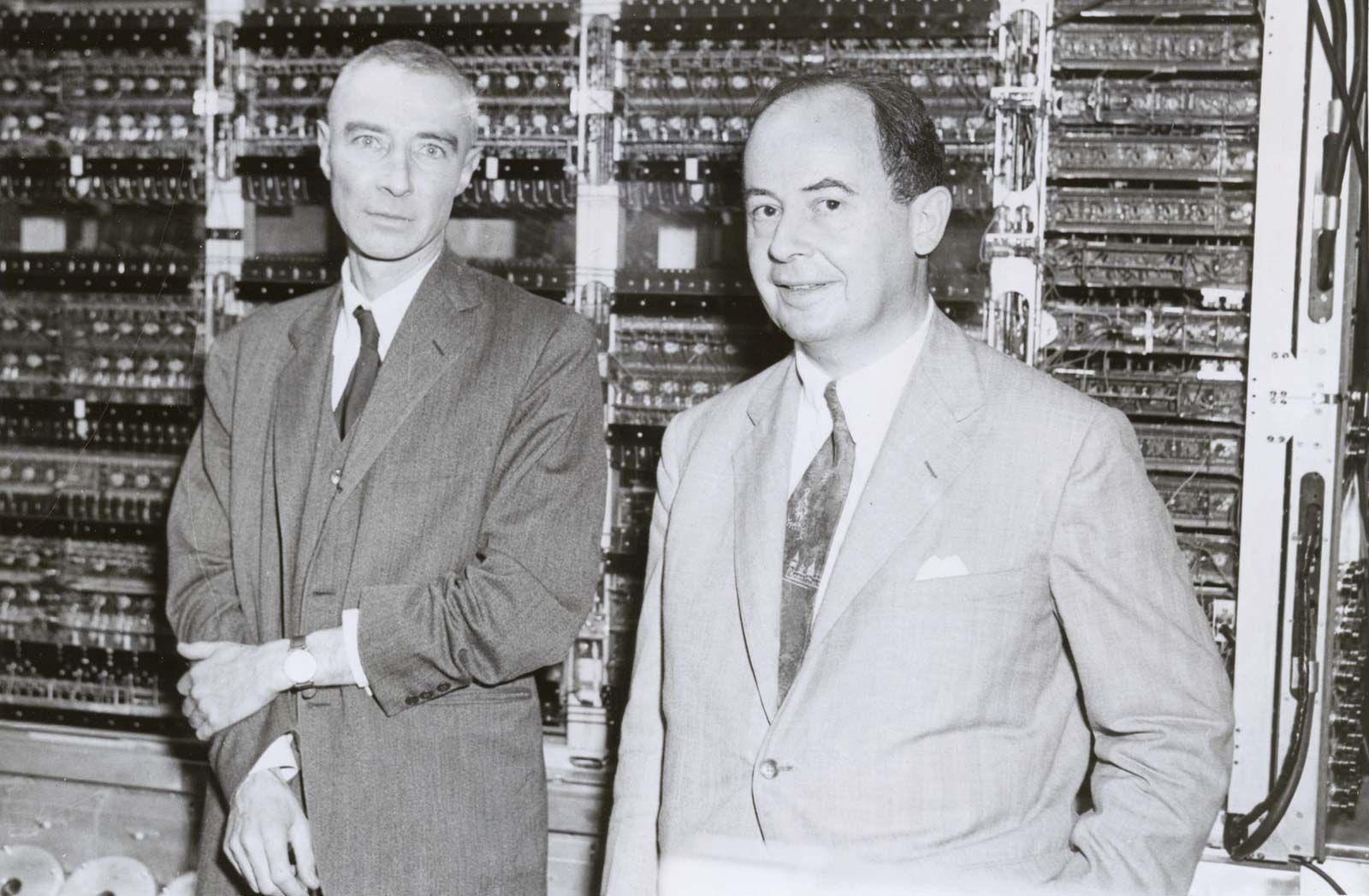 Von Neumann and Oppenheimer together in-front of one of the computing machines used on the hydrogen bomb project. Von Neumann could do calculations in his head faster than these early computers and would sometimes face off against them in competitions meant to entertain the other people in the labs